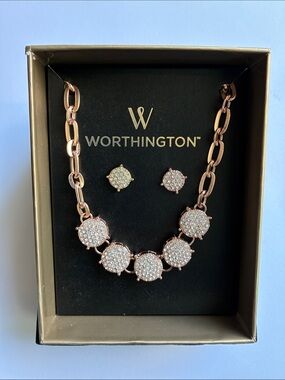Worthington Rose Gold Pavé Circle Link Necklace and Stud Earrings